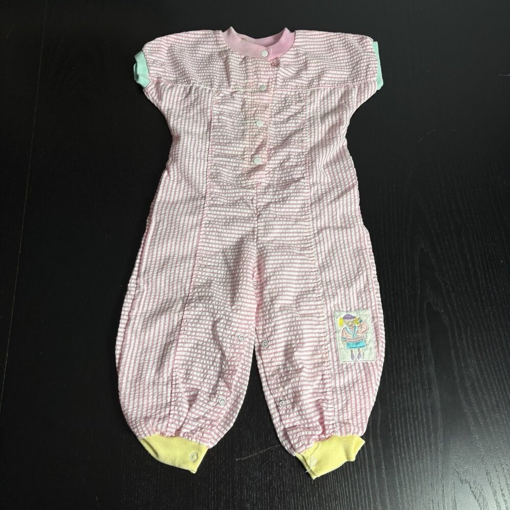Vintage 80s SEARS Baby Girl 24M Pink/White Seersucker Stripe One-Piece Romper